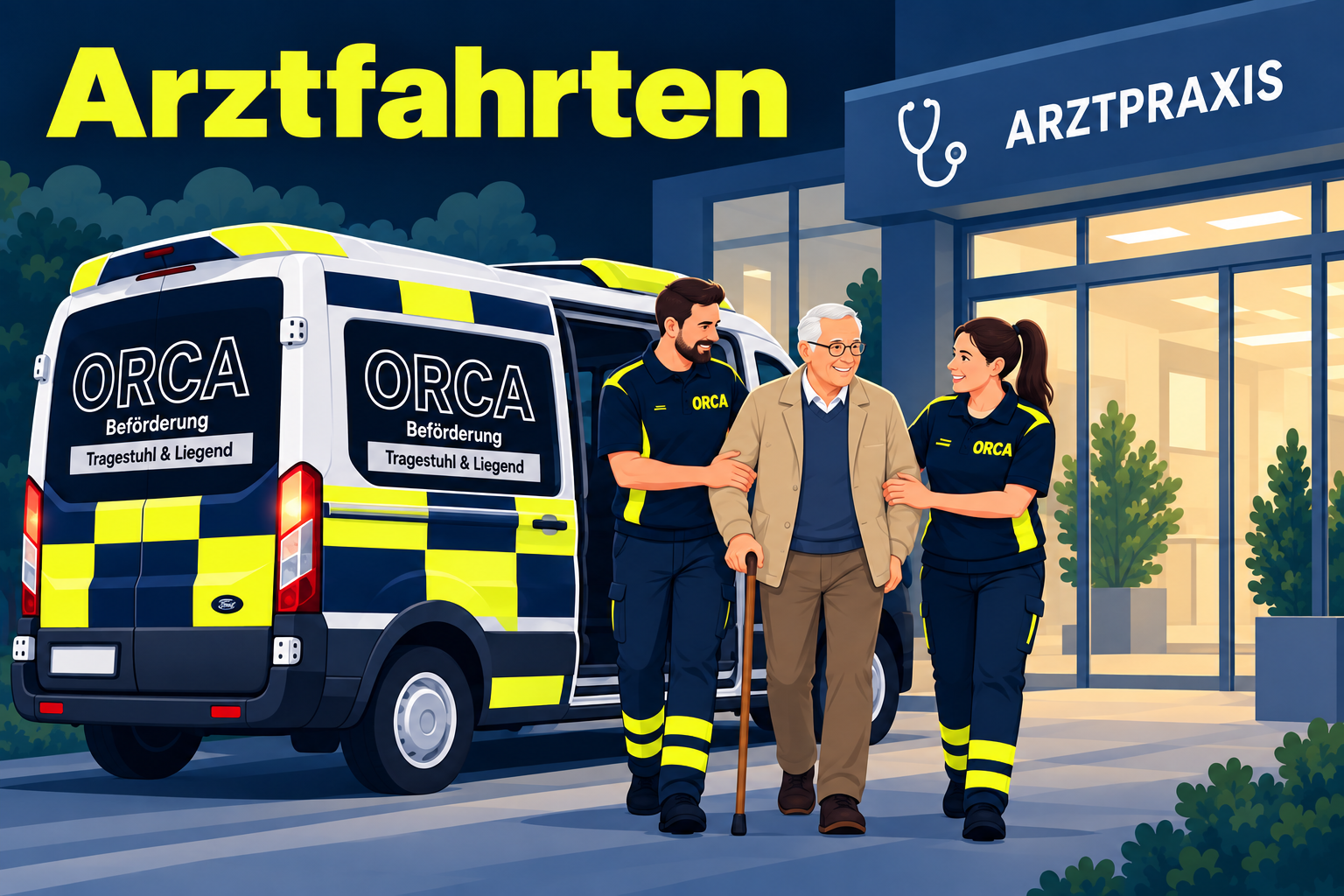Illustration: Zwei ORCA-Mitarbeiter bei der Begleitung zu einer Arztpraxis