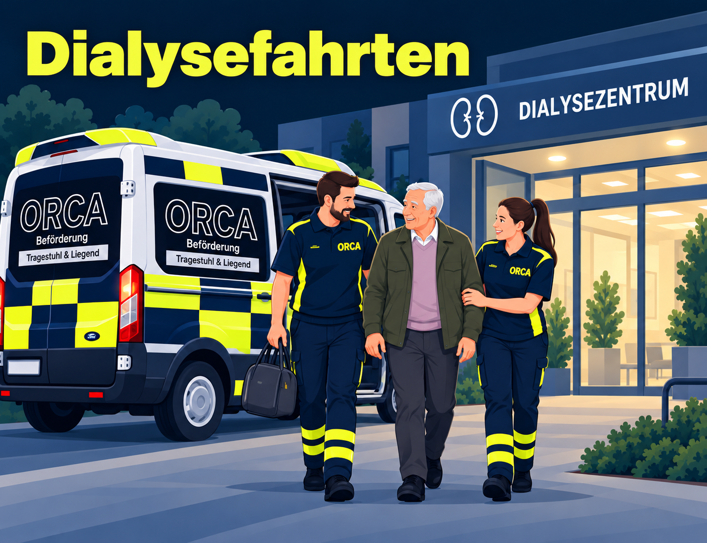 Illustration: Zwei ORCA-Mitarbeiter begleiten einen Fahrgast zum Dialysezentrum