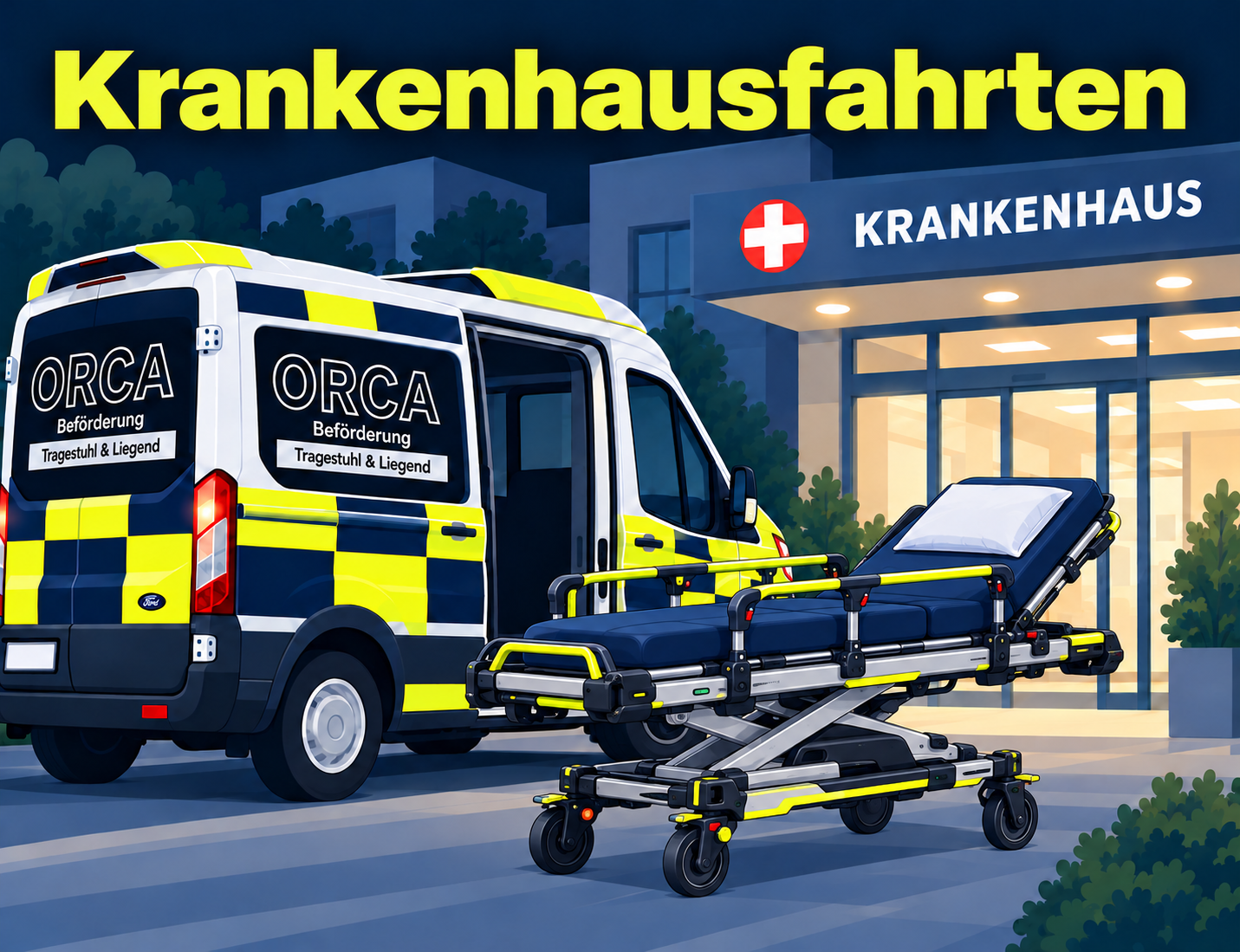 Illustration: Leere Fahrtrage neben dem ORCA-Transporter vor einem Krankenhaus