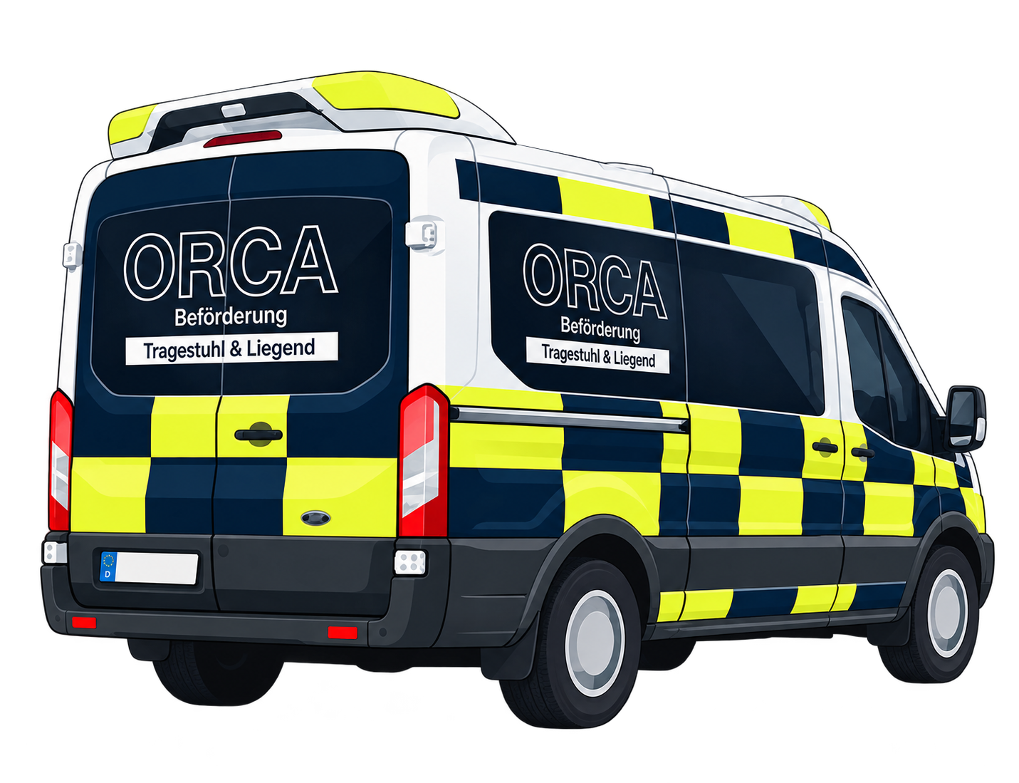 Illustration des ORCA-Transporters mit dunkelblau-neongelbem Karomuster