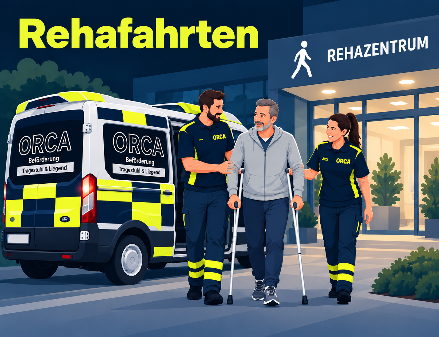 Illustration: Zwei ORCA-Mitarbeiter bei der Begleitung zu einer Rehaklinik
